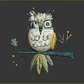 Flying Animal Artistic Decorative Owl Perched On Teal Branch With Yellow Accents Feathers And Leaves