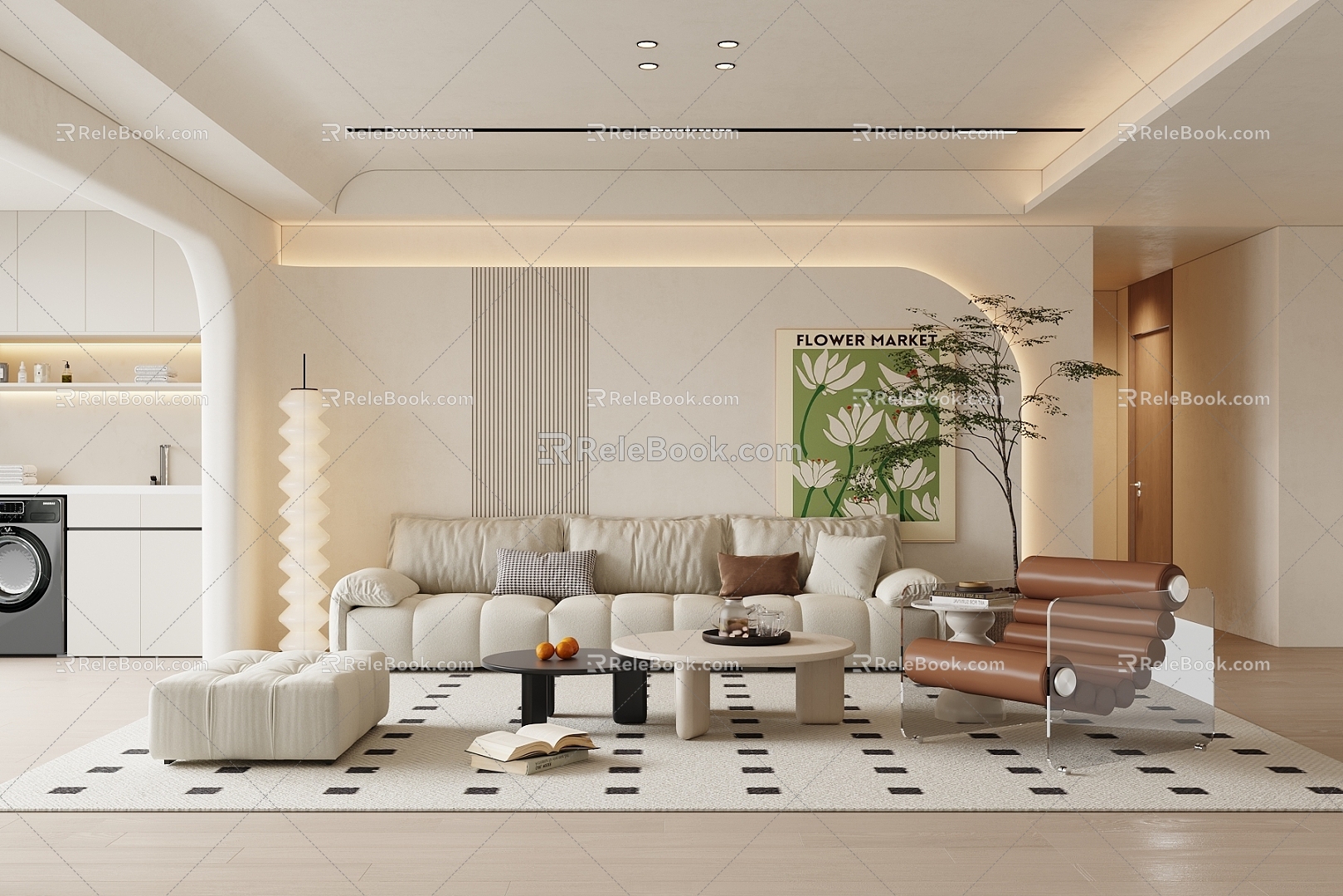 Modern cream style living room sofa coffee table combination 3d model