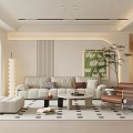 Modern Living Room With Beige Sofa Brown Armchair Geometric Pattern Rug Green Plant Decorative Painting