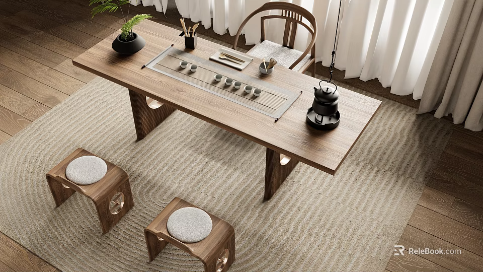 Minimalist Wooden Tea Table And Chairs With Tea Set Cushions And Natural Carpet 3d model 
