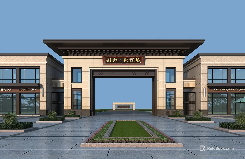 New Chinese Style Entrance Gate With Symmetric Buildings Lawn And Stone Pathway 3d model 