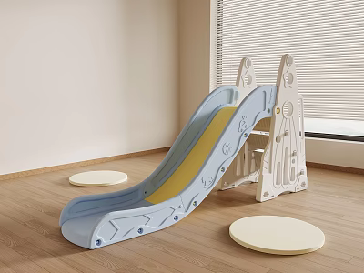 Indoor Kids Play Area With Blue Yellow Slide White Frame And Round Mats 3d model