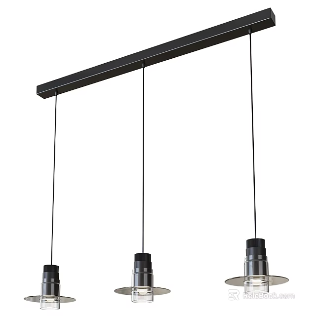 Modern Black Linear Pendant Light With Three Hanging Bulbs Over Kitchen Island 3d model 