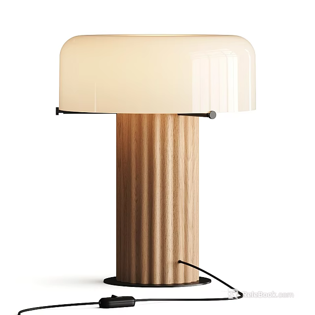 Modern Minimalist Table Lamp With Wooden Striped Base And White Glass Shade 3d model 