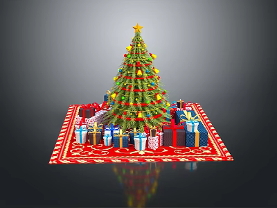 Festive Christmas Tree Decorated With Ornaments And Gifts On Red Carpet 3d model
