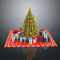 Festive Christmas Tree Decorated With Ornaments And Gifts On Red Carpet