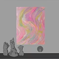 Abstract Painting With Pink Yellow Green Waves Grey Sculptures And Round Clock In Modern Interior