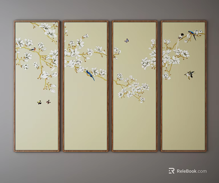 Four Panel Botanical Paintings With Magnolia Blossoms Birds Butterflies On Beige Background And Brown Frames 3d model 