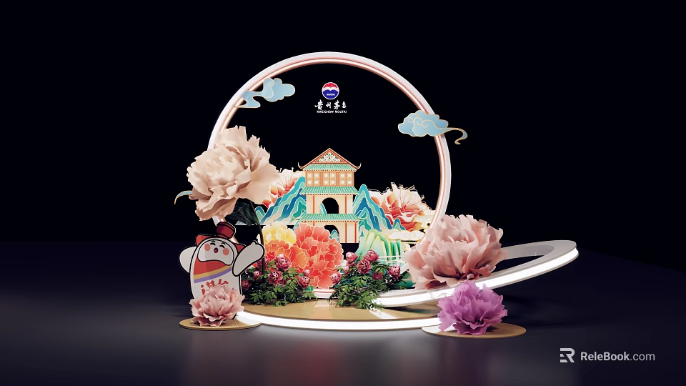 Traditional Chinese Floral Art Installation With Peony Flowers Cloud Decorations Panda Figure And Architecture 3d model 