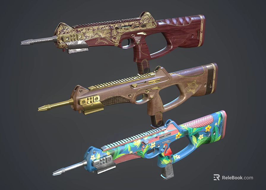 Three Decorative Rifles Featuring Ornate Gold Red Patterns Brown Wooden Handles And Blue Floral Motifs 3d model 