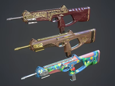 Three Decorative Rifles Featuring Ornate Gold Red Patterns Brown Wooden Handles And Blue Floral Motifs 3d model
