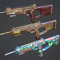 Three Decorative Rifles Featuring Ornate Gold Red Patterns Brown Wooden Handles And Blue Floral Motifs