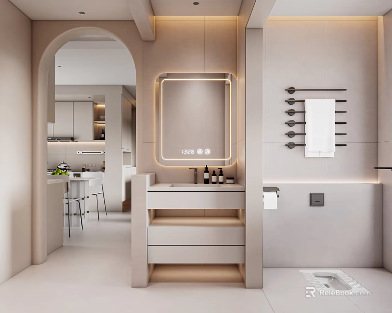 Modern Bathroom Interior With Backlit Mirror Vanity Cabinets Towel Rack And Archway Lighting 3d model 