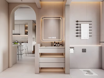 Modern Bathroom Interior With Backlit Mirror Vanity Cabinets Towel Rack And Archway Lighting 3d model