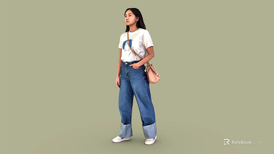 Woman Wearing White T-shirt Blue Graphic Blue Cuffed Jeans Light Brown Bag White Shoes 3d model 
