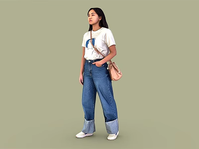 Woman Wearing White T-shirt Blue Graphic Blue Cuffed Jeans Light Brown Bag White Shoes 3d model