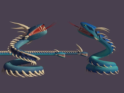 Blue Reptile Snakes With White Spines Red Tongue Coiled Open Mouth 3d model