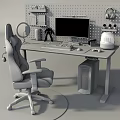 Modern Gaming Desk Setup With Ergonomic Chair Pegboard Monitor Headphones And PC Case