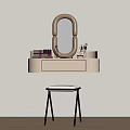 Modern Dressing Table With Oval Mirror Drawer Cosmetics Makeup Brushes And Small Stool 3d model