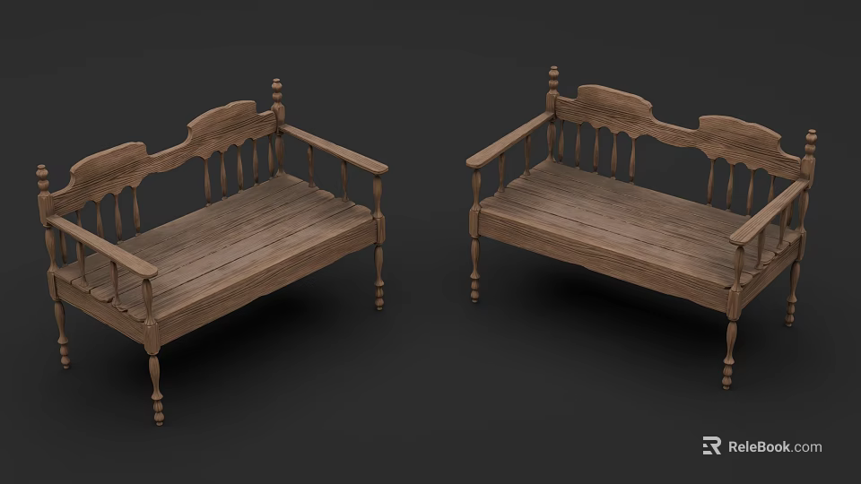Vintage Wooden Armchair With Carved Backrest Armrests And Turned Legs 3d model 
