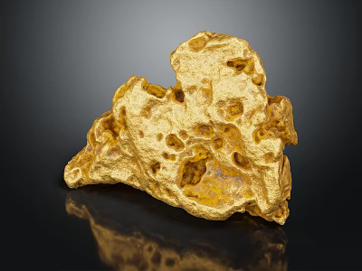 Natural Gold Nugget With Rough Texture And Irregular Shape On Black Reflective Surface 3d model
