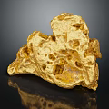 Natural Gold Nugget With Rough Texture And Irregular Shape On Black Reflective Surface