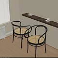 Modern Rattan Chairs With Black Frame And Wooden Shelf Coffee Cups Window Blinds Light Floor