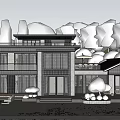 Modern Detached Villa Exterior Design With Large Glass Windows Lush Trees And Courtyard