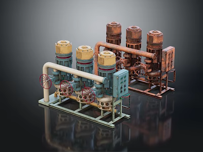 Industrial Pump Units With Rusty And Green Pipeline System And Control Panels 3d model