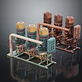 Industrial Pump Units With Rusty And Green Pipeline System And Control Panels