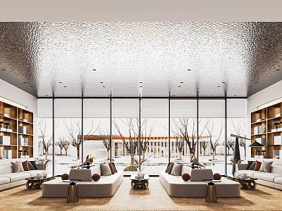 Modern Contemporary Lounge Area with Large Windows Sofa Bookshelves and Wooden Floors 3d model