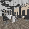 Modern Hair Salon Interior With Hexagonal Ceiling Black Chairs Mirrors And Workstations