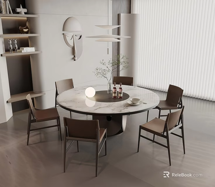 Elegant Modern Round Dining Table Set With Marble Top And Five Chairs In Minimalist Interior Design 3d model 