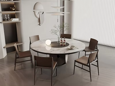 Elegant Modern Round Dining Table Set With Marble Top And Five Chairs In Minimalist Interior Design 3d model