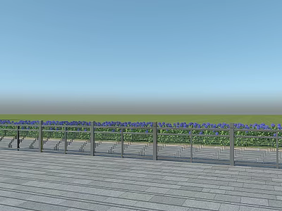 Outdoor Stainless Steel Fence On Wooden Platform With Green Grass And Blue Sky 3d model