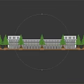 Circular Stadium Equipment Featuring Football Field Blue Stands White Buildings And Green Trees