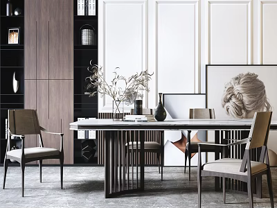 Elegant Modern Dining Table Set With Beige Chairs Vase And Decorative Painting 3d model