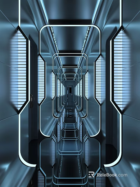 Modern Hotel Corridor Design With Futuristic Lighting Sleek Walls And Reflective Floors 3d model 