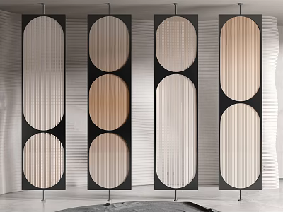 Modern Room Dividers Featuring Geometric Oval Cutouts Wooden Panels And Black Frames 3d model
