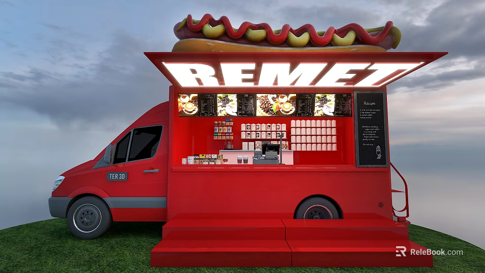 Red REMET Food Truck With Hot Dog Roof Black Windows Steps Mobile Service In Grass 3d model 