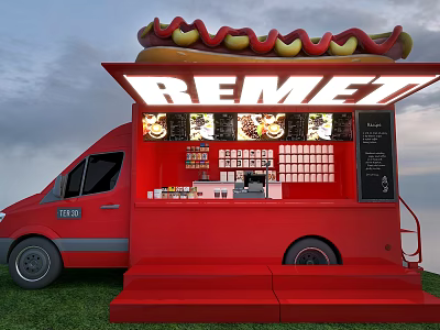Red REMET Food Truck With Hot Dog Roof Black Windows Steps Mobile Service In Grass 3d model