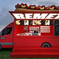 Red REMET Food Truck With Hot Dog Roof Black Windows Steps Mobile Service In Grass