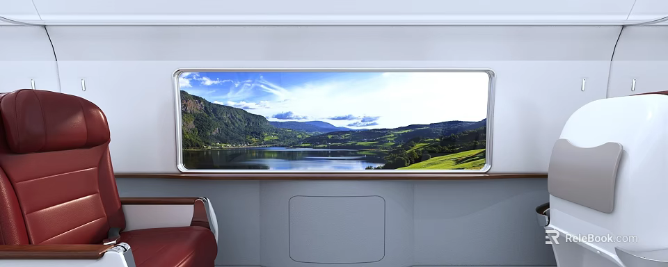 High Speed Train Interior With Panoramic Window Showing Lake Mountains And Green Fields Under Blue Sky 3d model 