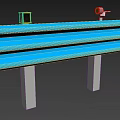Blue Corrugated Guardrail Structure With Gray Support Posts And Yellow Devices
