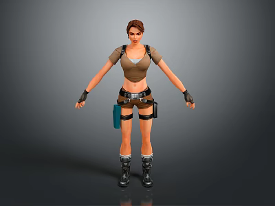 Game Movie Character Female Adventurer Brown Crop Top Shorts Utility Belt Wrist Guards Combat Boots 3d model