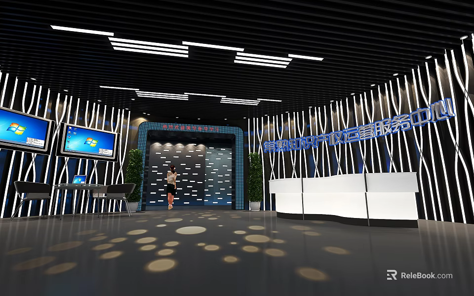 Modern High Tech Exhibition Hall With Screens Reception Desk And Lighting Design 3d model 
