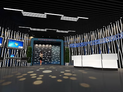 Modern High Tech Exhibition Hall With Screens Reception Desk And Lighting Design 3d model