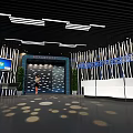 Modern High Tech Exhibition Hall With Screens Reception Desk And Lighting Design