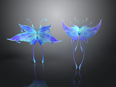 Two Blue And Purple Gradient Butterflies With Transparent Wings On Dark Background With Reflections 3d model