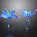 Two Blue And Purple Gradient Butterflies With Transparent Wings On Dark Background With Reflections